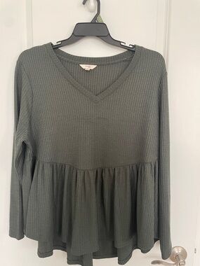 Olive Green Waffle Knit V-Neck Peplum Top